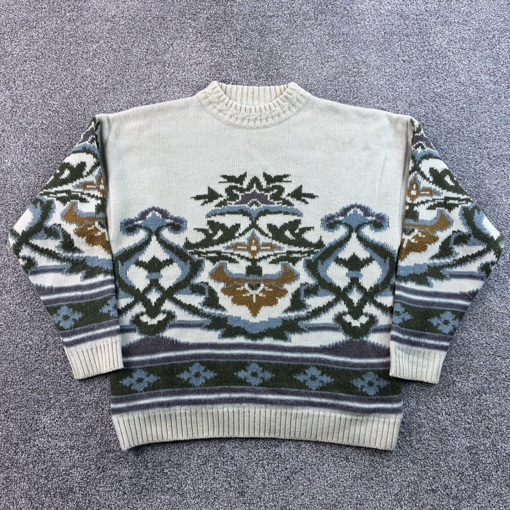 Vintage Saks Fifth Avenue Sweater Mens L Ivory Wool Blend Intarsia Knit Italy